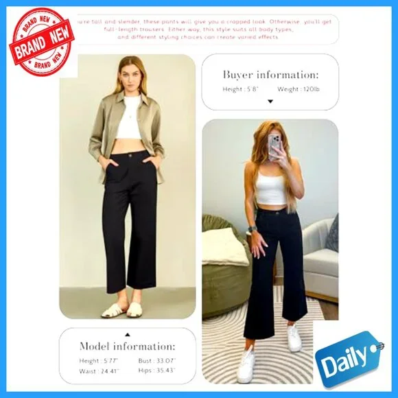 High Waisted Wide Leg Cropped Pants, Stretch Cotton Blend, Casual Office Wear - Picture 5 of 7